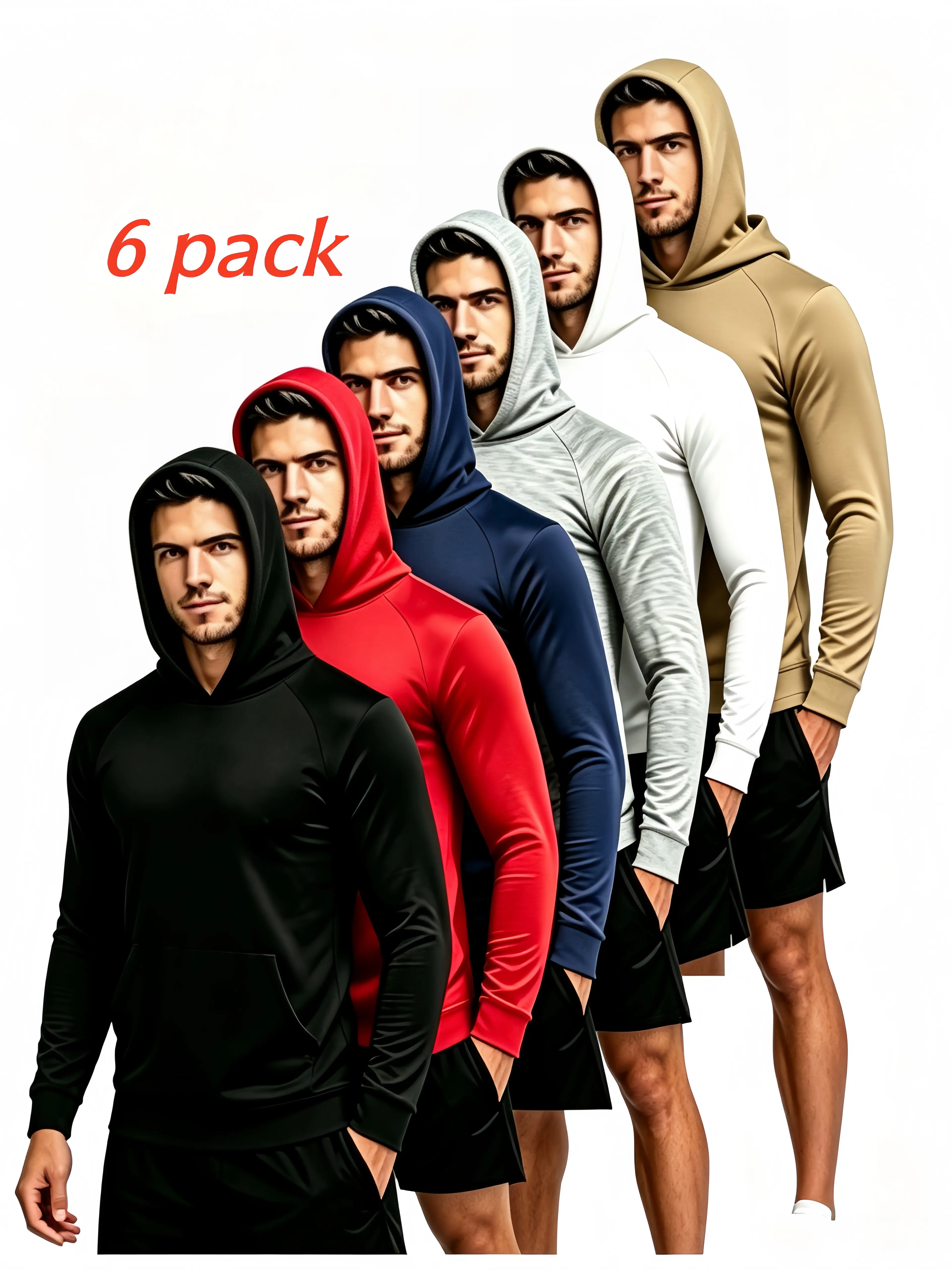6Pcs Men's Lightweight Athletic Hoodies Long Sleeve Shirts, All-Season Rash Guards, Quick-Drying Breathable Ice-Sensitive Fabric, Moisture-Absorbing Sweat-Wicking Windproof Hooded Tops, Multi-Purpose Athletic Wear , Running, Outdoor Sports & Fitness