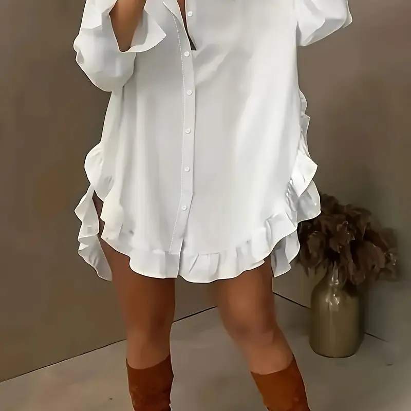 Plus Size Women's Solid Color Ruffle Hem Shirt, Casual Ruffle Blouse, Casual Fitted Woven Top, All Seasons Moderate Fabric, Comfortable Daily Wear, Casual Comfy Shirt, Womenswear