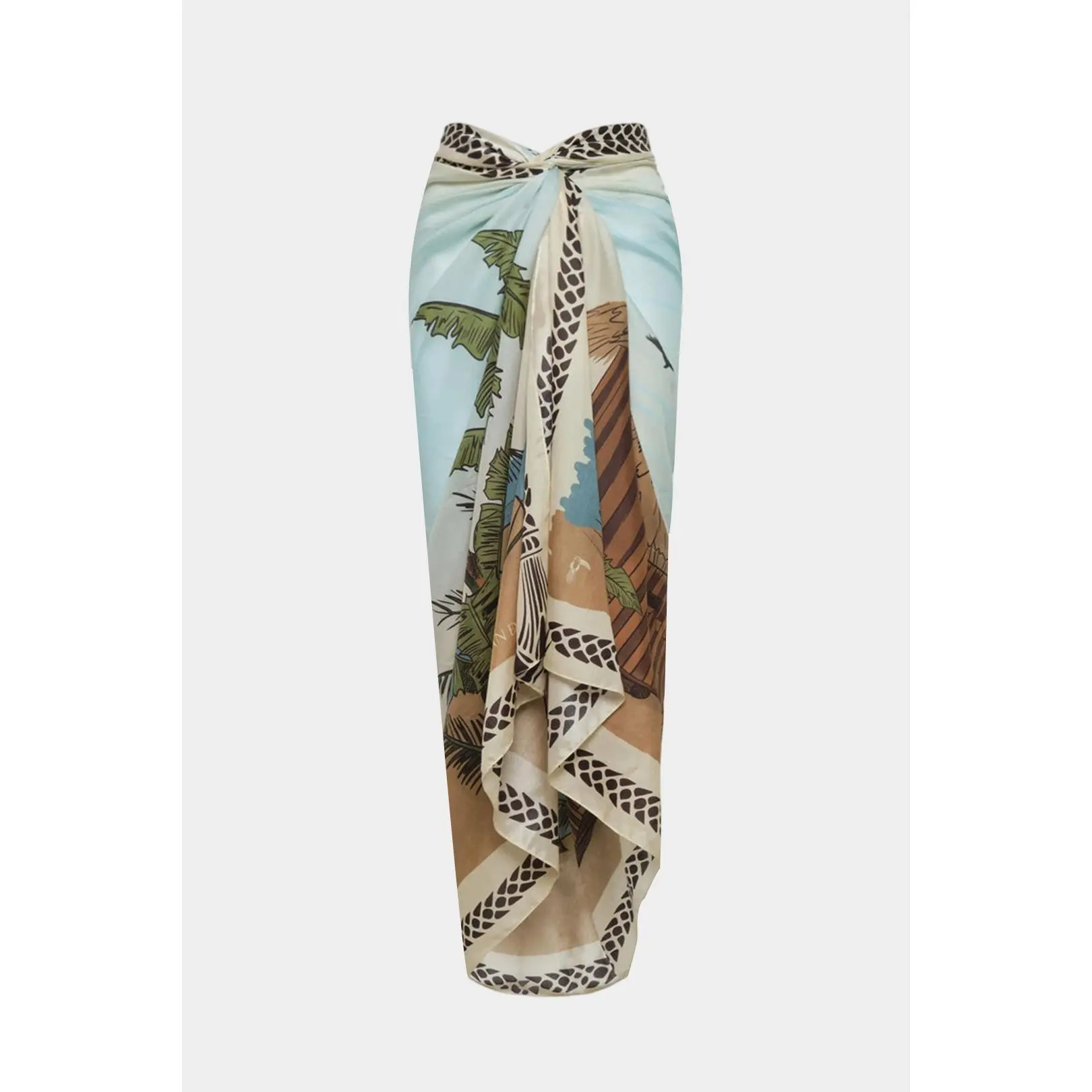 Coconut Palm Print Chiffon Tie Front Skirt