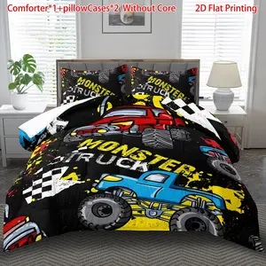 Monster Truck Bedding Set, Cartoon Boho Style Soft Cotton Sheet Set, Winter Quilt Gift, Includes 1 Blanket + 2 Pillowcases (no Core)
