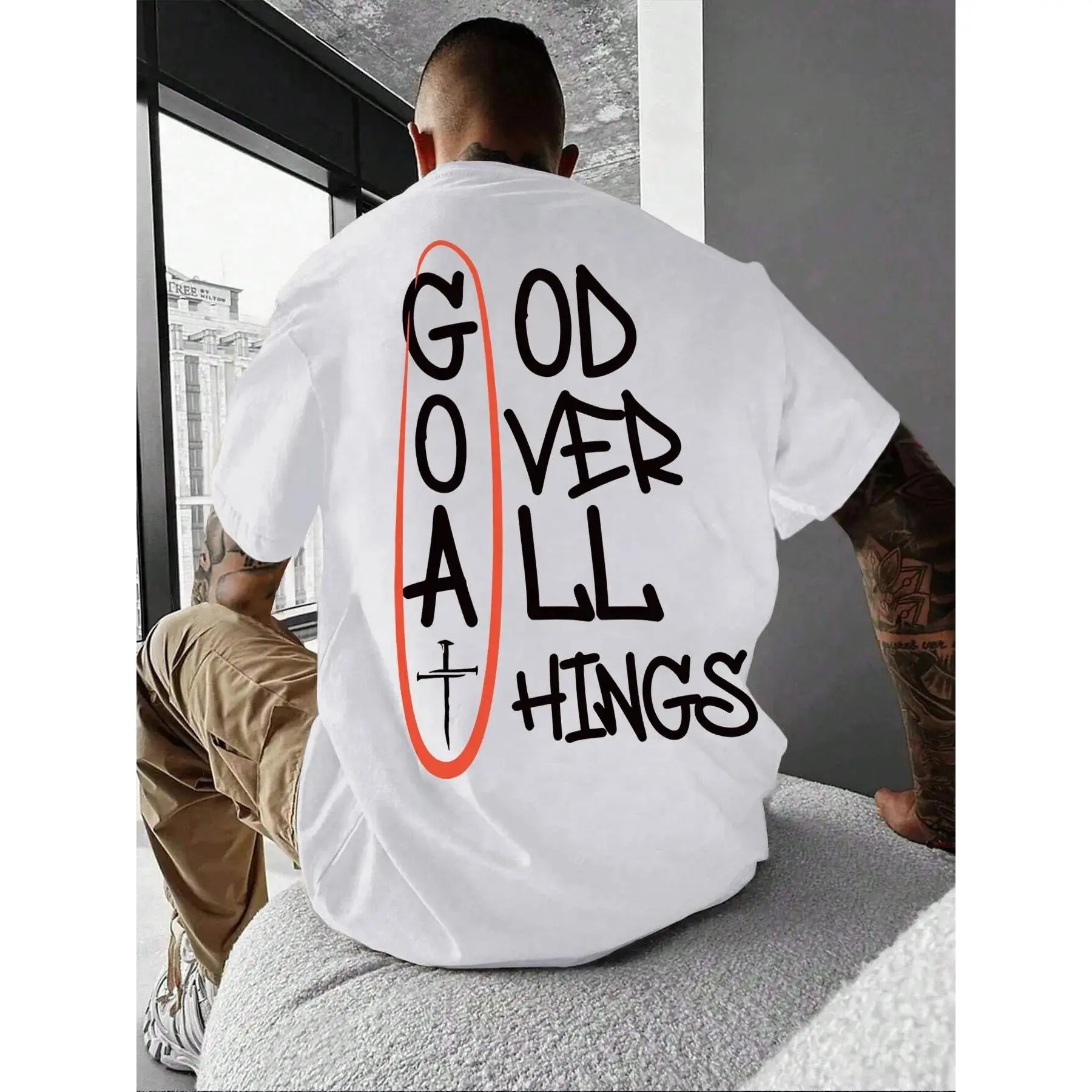 Men's Regular-Fit Menswear T-Shirt - Breathable Basic Fabric, Simple Stylish Classic Cross & Letters Graphic, Round Neck Short Sleeve Sports Top with Hem, Ideal for Casual Day Wear & Office Pairings, Cotton, Breathable Fabric, All Seasons, Cross & Letters