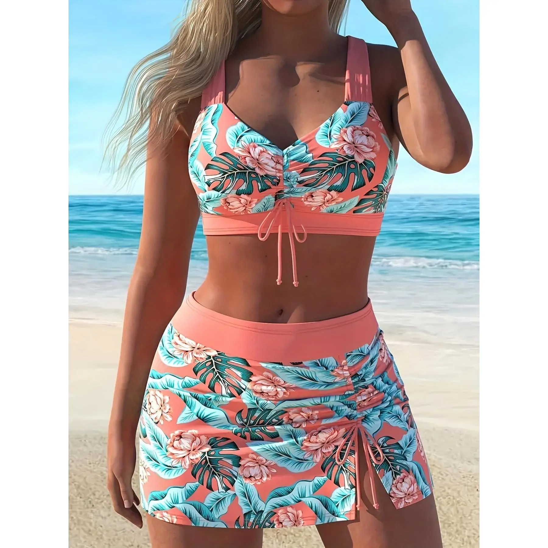 New Women'S Fashionable Tankini Three Piece Beach Outfit With Orange Red Leaf Print Slit Skirt Style Swimsuit