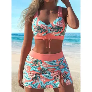 New Women'S Fashionable Tankini Three Piece Beach Outfit With Orange Red Leaf Print Slit Skirt Style Swimsuit