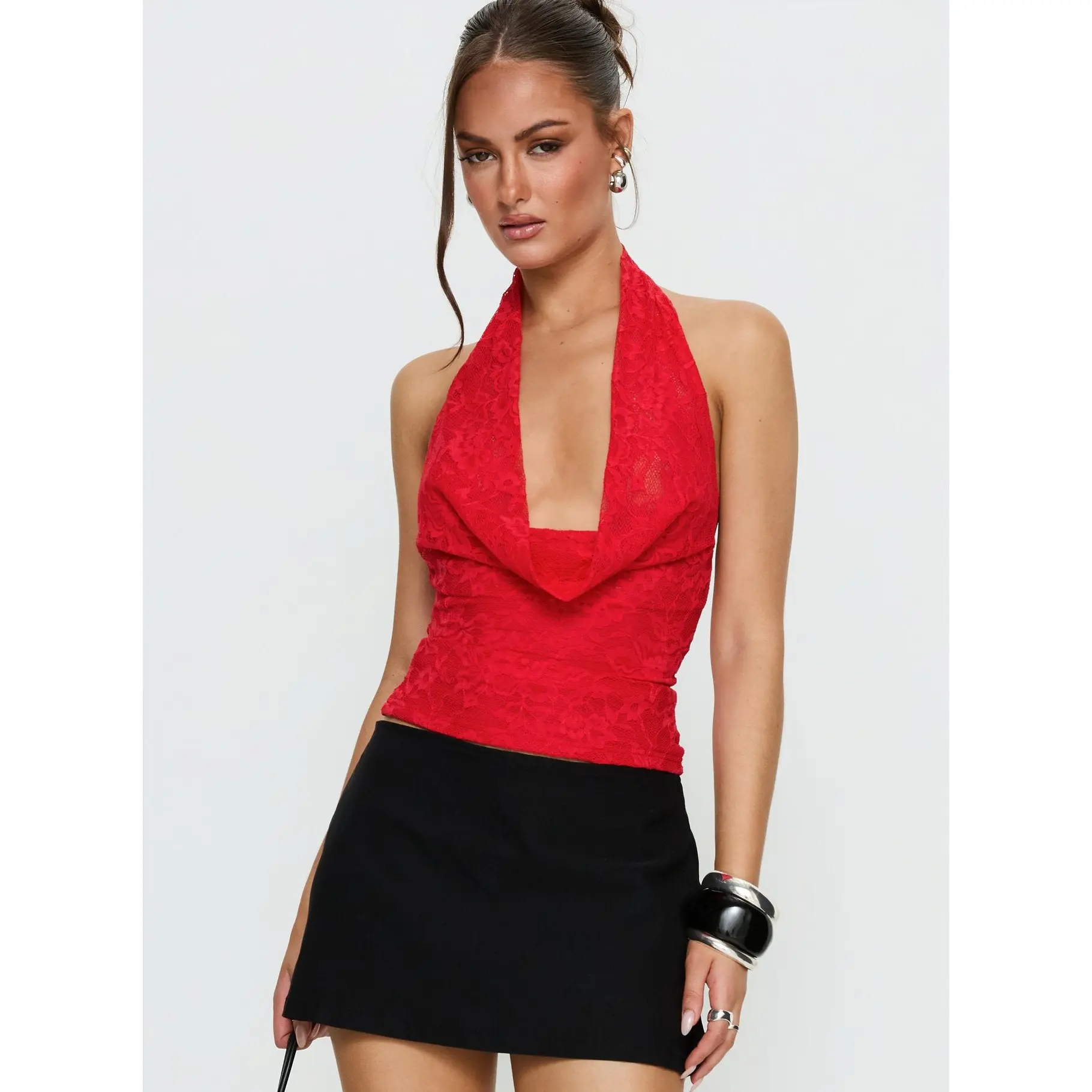 Kamira Plunge Neck Halter Top Red