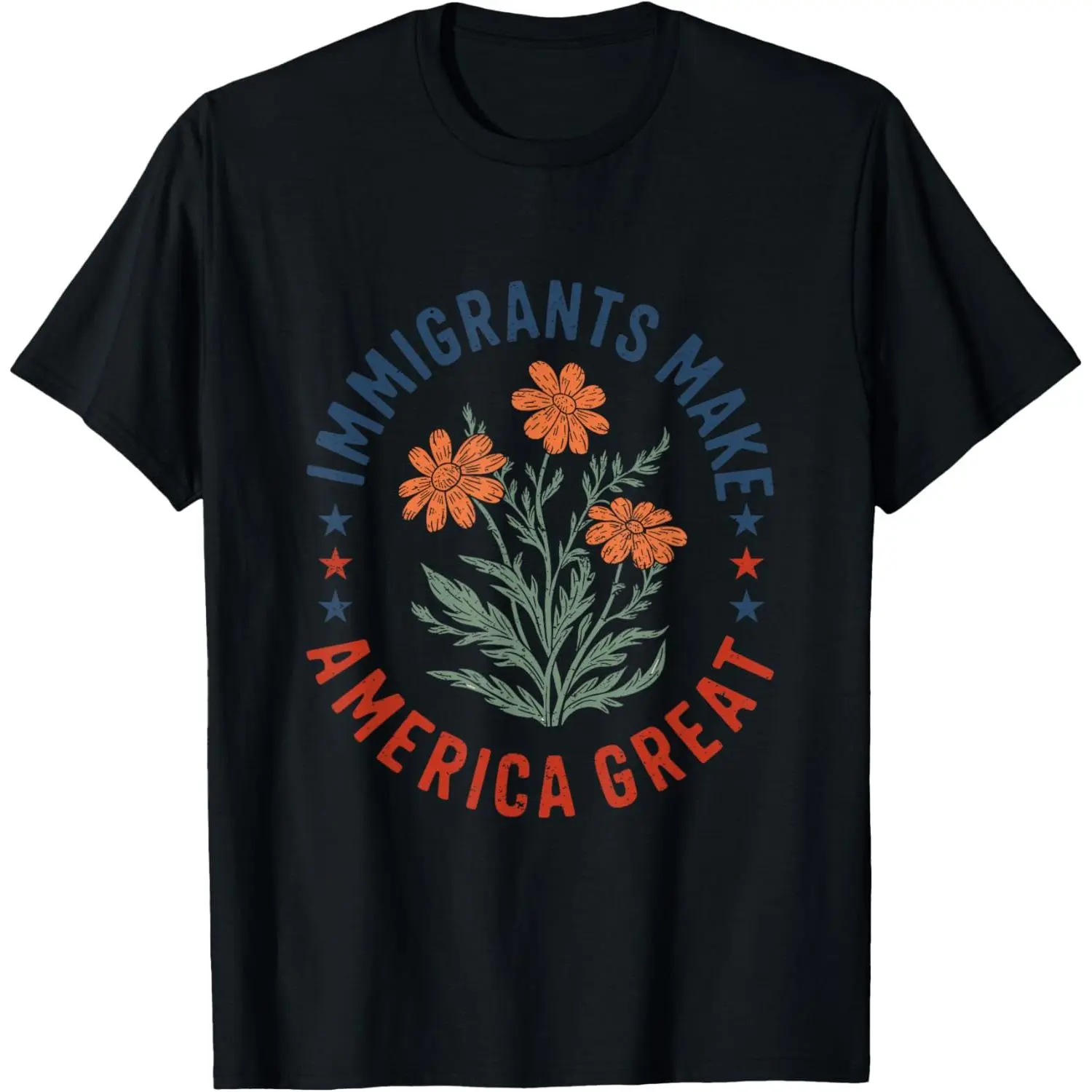 Men's Cotton Round Neck Short-Sleeve Casual Knit Sports T-Shirt, Streetwear Top with Immigrants Make America Great Floral Human Rights USA Theme, Shortsleeve, Tshirt