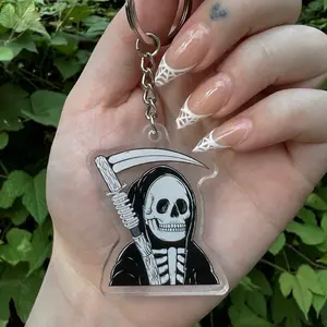 Coilover Grim Reaper Scythe Car Keychain - Clear Acrylic Design with Skeleton Graphic and Chain Attachment