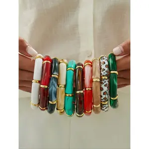 Vintage Acrylic Bamboo Beaded Bracelet Stackable Elastic Cuff Bangle Casual Fashion Jewelry for Women Daily Commute Parties Vacations