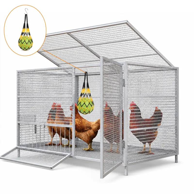 Large Metal Chicken Cage, 39.4 x 22.8 x 24.4 in Outdoor Poultry Enclosure with 180° Hinged Top, Full-Size Access Door, Front Feeding Door, Dense Steel Mesh & Hanging Vegetable Net, Black/Silver