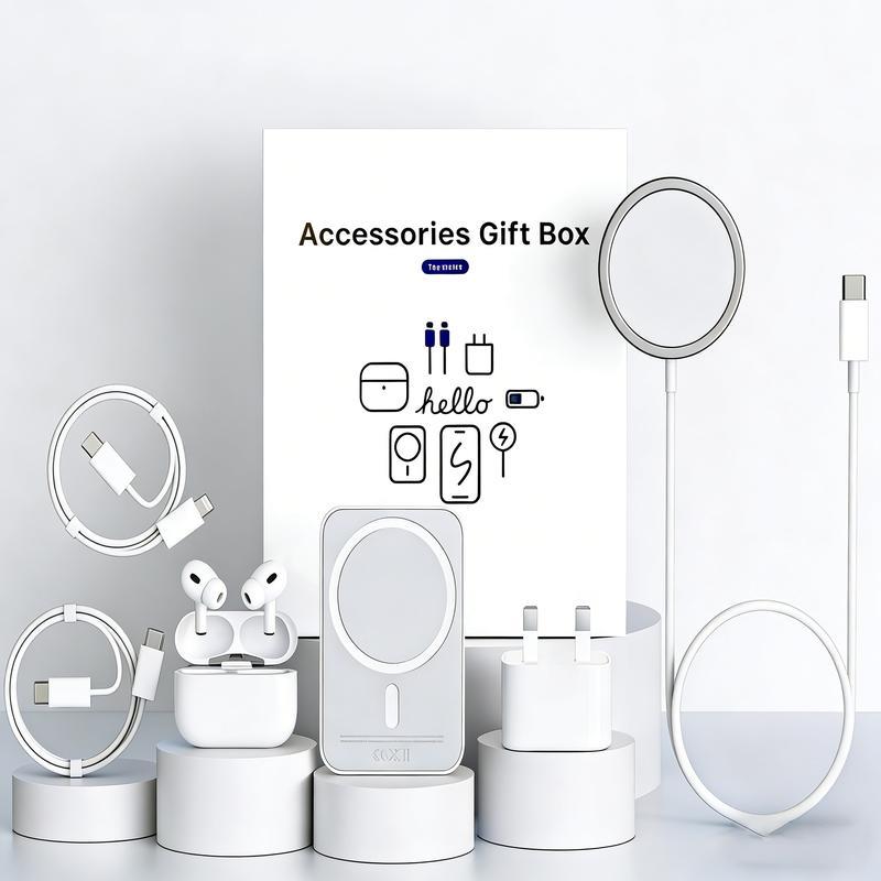 Upgraded 6-in-1 Magnetic Charging & Audio Kit – 20W Fast Charge Power Bank, Wireless Charger, Bluetooth 5.3 Earbuds, Type-C & Lightning Cables, Adapter, Enhanced Magnetic Ring, All-in-One Travel Set for Android & iOS Devices，Gift Box