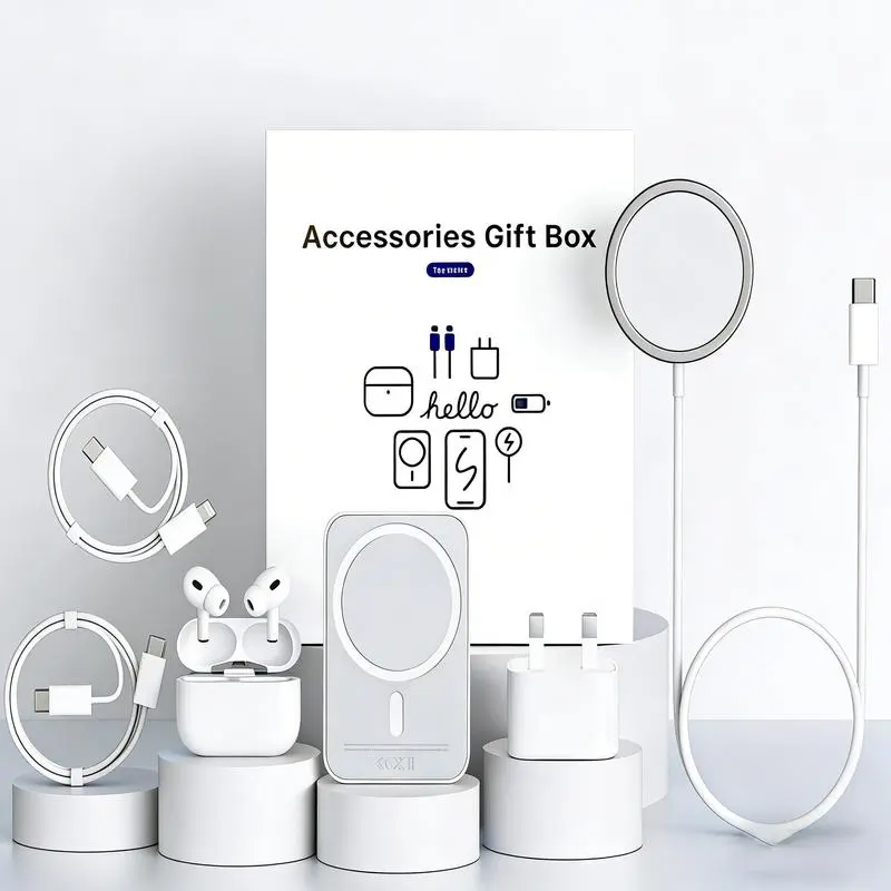 Upgraded 6-in-1 Magnetic Charging & Audio Kit – 20W Fast Charge Power Bank, Wireless Charger, Bluetooth 5.3 Earbuds, Type-C & Lightning Cables, Adapter, Enhanced Magnetic Ring, All-in-One Travel Set for Android & iOS Devices，Gift Box