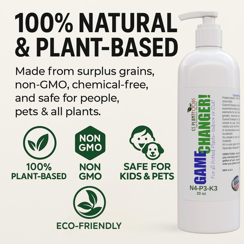 GS Plant Foods Game Changer All-Purpose Essentials - 100% Plant-Based Organic Fertilizer for Indoor or Outdoor Container Grown Plants, NPK 4-3-3, Liquid Formula for Houseplants, 20 Ounces