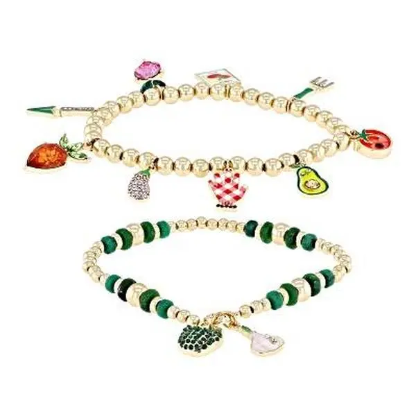 JTV Gold Aesthetic Unisex Charm Bracelet Set (2 Pieces) - Enamel, Crystal, 0.97"l Acrylic Plastic Assorted Bracelets & Bangles, Gold Tone Vegetable Garden Design, Acrylic Plastic Bracelets & Bangles