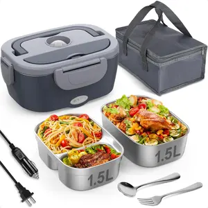 Electric Lunch Box for Adults, 80W Heated Lunch Box with Dual 1.5L Stainless Steel Containers, Portable Food Warmer for Men Work Car Truck, 12V/24V/110V/220V - Eternal Gray