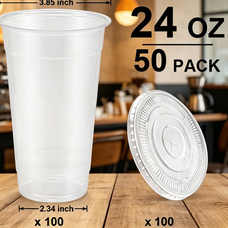50 Pack 24 oz Clear Plastic Cups with Lids and Straws, Sturdy Disposable Coffee Cups with Lids for Iced Coffee, Cold Drinks, Smoothies and To-Go Beverages