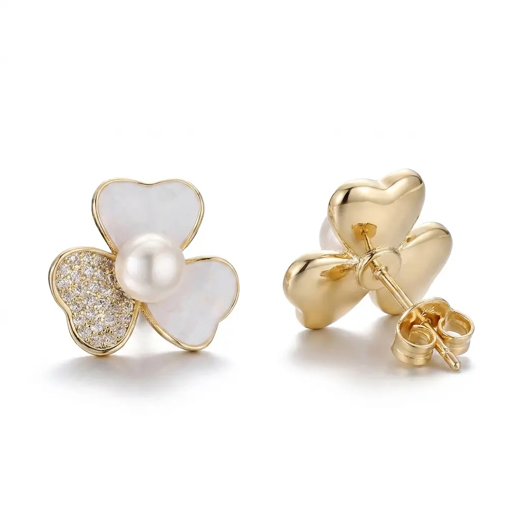 Women's Dainty Pearl Flower Stud Earrings, Chic 3-Petal Clover with Cubic Zirconia (CZ) Pavé, 14K Gold-Plated with 925 Silver Posts, Elegant Luxury Jewelry