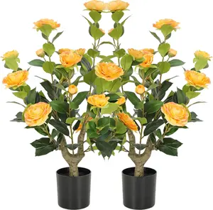 2 Pcs 3FT Artificial Camellia Trees Faux Camellia Plant in Pot with Flowers Indoor Plants for Spring Home Decor Outdoor Porch Front Door Decor  Fake Camellia Flowers Tree for Indoor Outdoor Living Room Home Patio Front Door Garden Decor