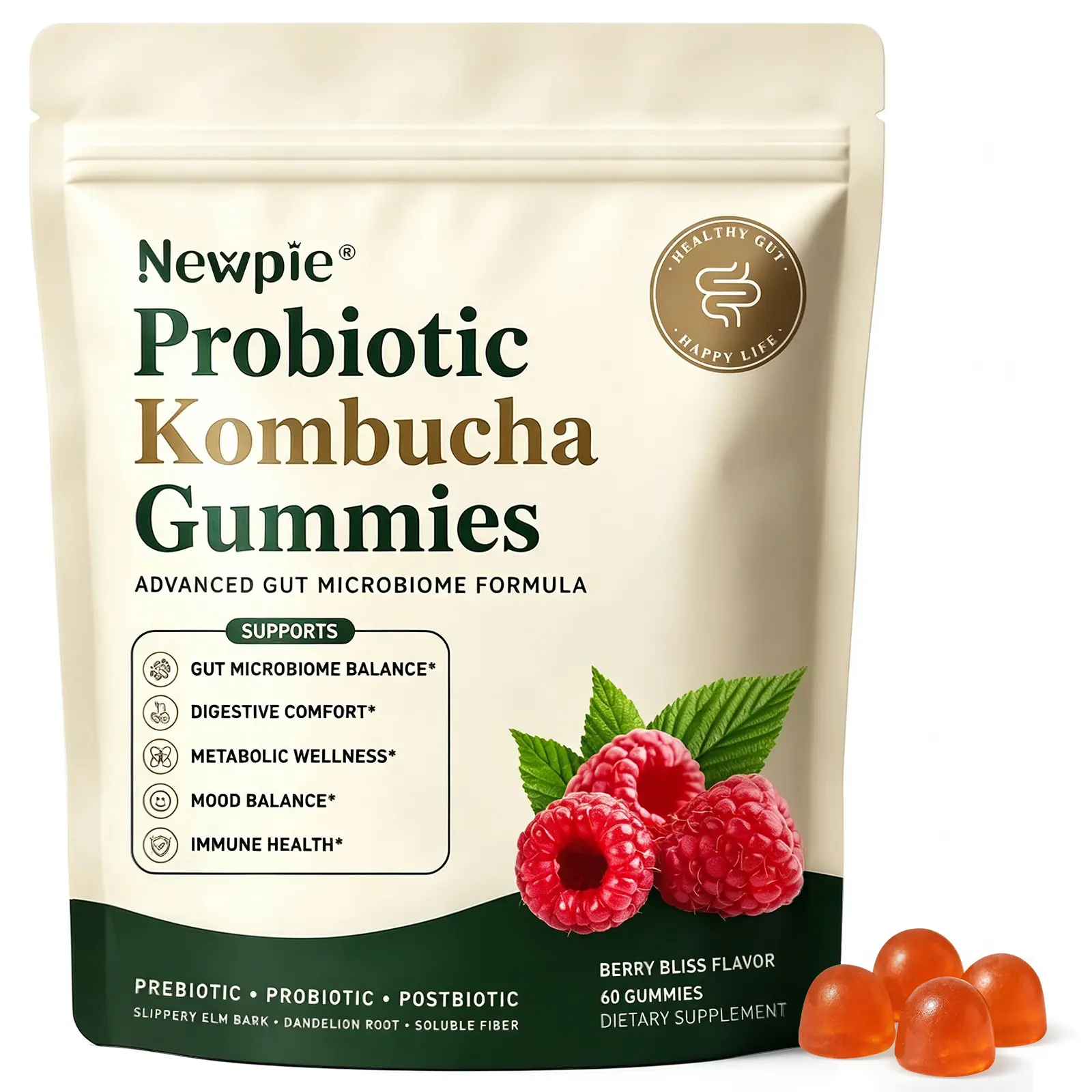 Probiotic Kombucha Gummies with Prebiotic & Postbiotic Support, Healthcare Digestive Gut Health Supplement, Berry Flavor, 60 Count