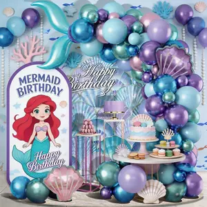 116pcs Mermaid Theme Balloon Arch Set, Metal Blue Latex Balloons with Shells, S-Shaped Foil Balloons for Birthday Beach Party Wedding Pool Events, Party Decoration
