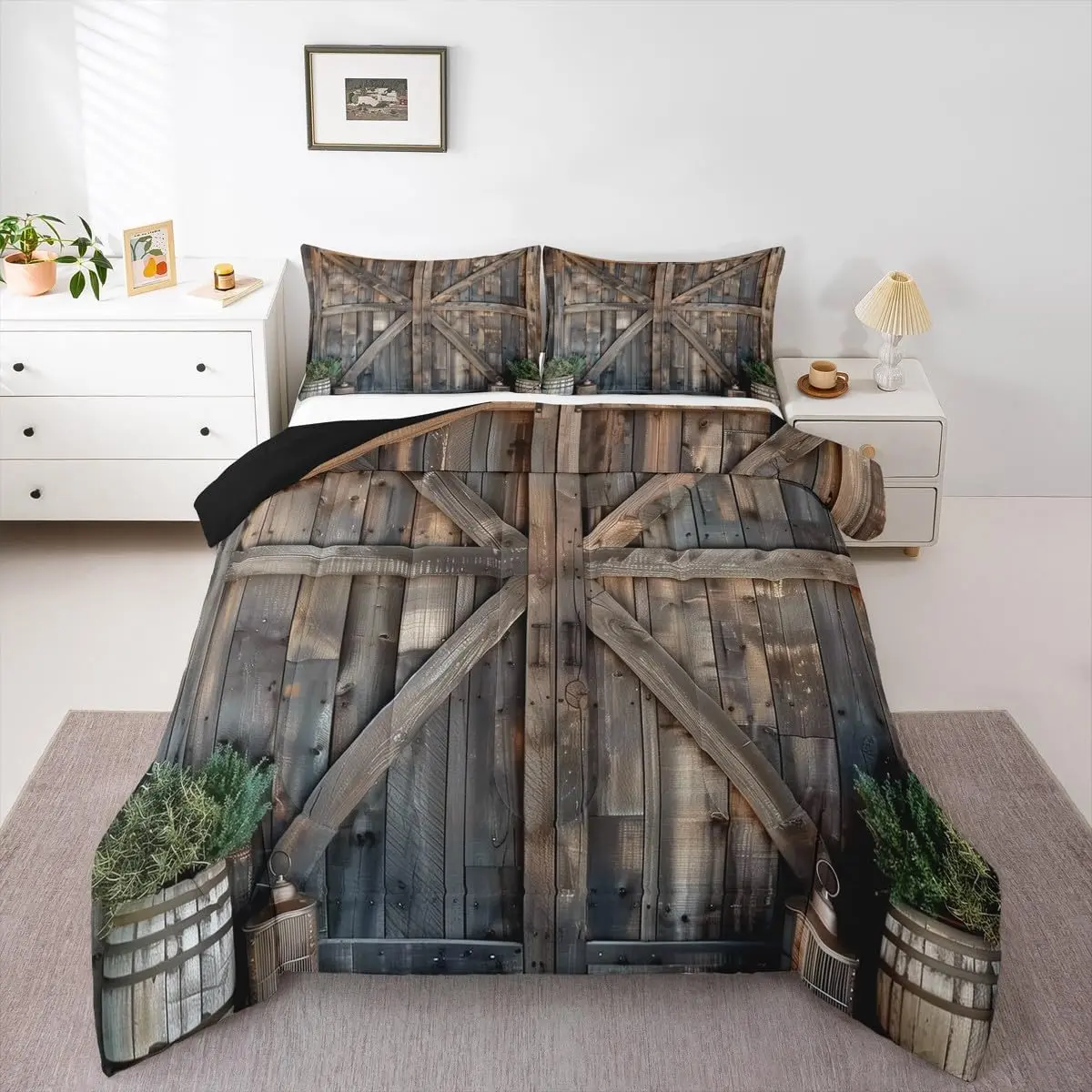 Feelyou Rustic Barn Door Quilt Bedding Set - Vintage Polyester Fiber All-Seasons Cozy Setup, King/Queen/Multi-Size Southwest Country Duvet Insert, Machine Washable RV-Compatible Travel-Friendly Bedding