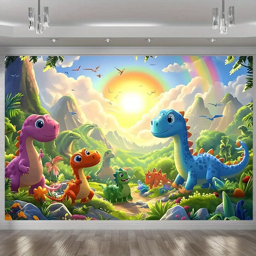 Modern Farmhouse 1pc Polyester Amber Glow Banner - Colorful Print Prehistoric Dinosaur Cartoon Landscape with Sunset, Rainbow, Mountainous Background, Ideal for Room Backdrop, Home or Party Decor