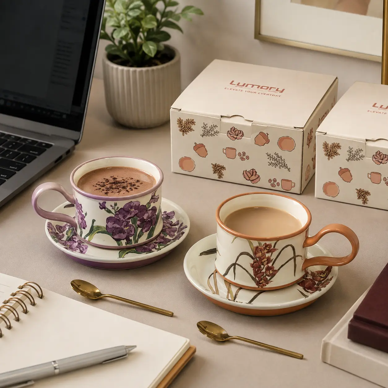 2-Pack Vintage Floral Ceramic Coffee & Tea Set with Matching Saucers, Gold-Tone Spoons and Gift Box, Purple & Brown Botanical Cups for Coffee, Cocoa, Floral Tea, Home and Office, Each Cup 10oz, Cup Dia 3.54in / Saucer Dia 6in, Each Set Weight 1.28lb