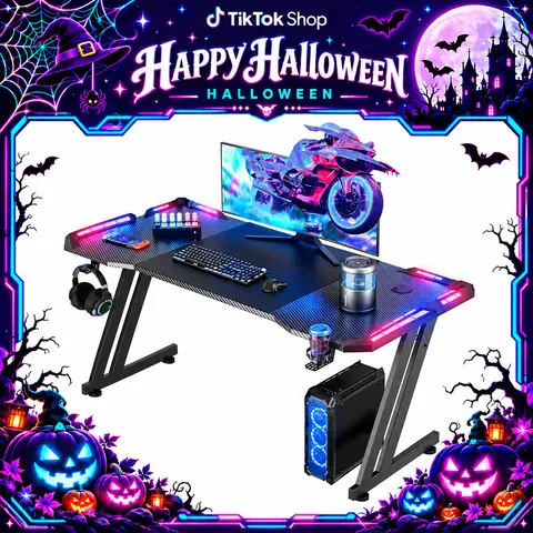 Ecofurnix Minimalist Black Z-Shaped Carbon Fiber RGB Gaming Desk (47/55/63 in) - Textured, Waterproof Top, Smooth Touch, Space-Saving, Universal Pin Connector, Hook & Cup Ready, Easy Assembly, Bedroom Home Office Furniture, Gamer Supplies