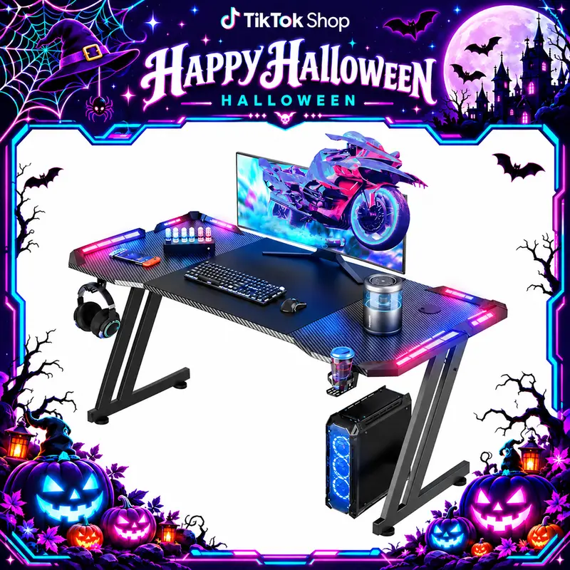 Ecofurnix Minimalist Black Z-Shaped Carbon Fiber RGB Gaming Desk (47/55/63 in) - Textured, Waterproof Top, Smooth Touch, Space-Saving, Universal Pin Connector, Hook & Cup Ready, Easy Assembly, Bedroom Home Office Furniture, Gamer Supplies