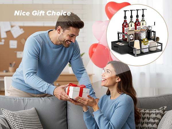 Zaldia Coffee Syrup Organizer Rack 2-Tier with K Cup Storage Drawer & Syrup Rack Station Classic Black Wooden Three-Tier for Wine Tea Condiment