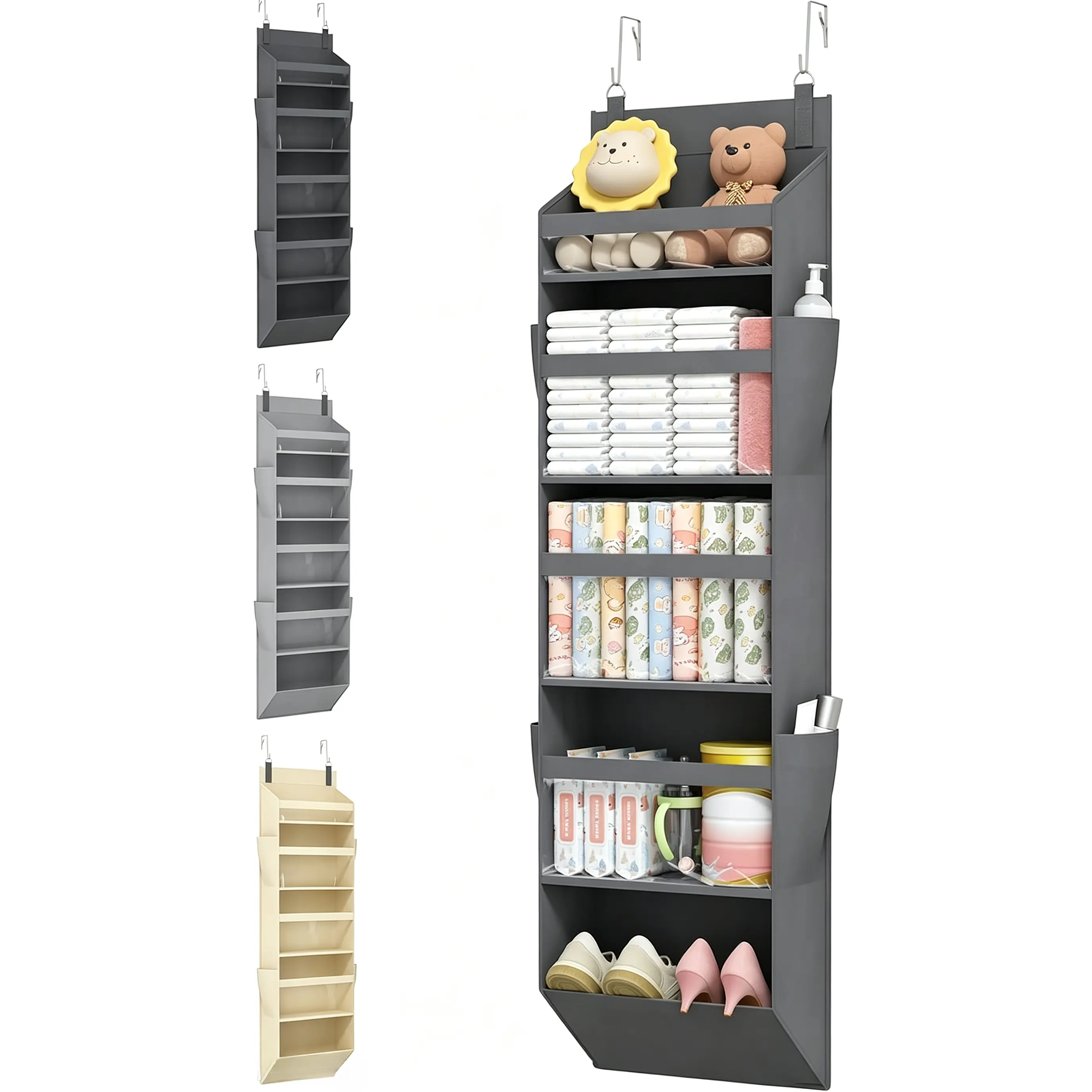 Over-Door Storage Organizer with 5 Transparent Pockets & 4 Side Mesh Bags – No-Drill, Space-Saving Door Hook for Bedroom, Bathroom & Nursery,Dark Gray,Chakra,Reusable,manicure