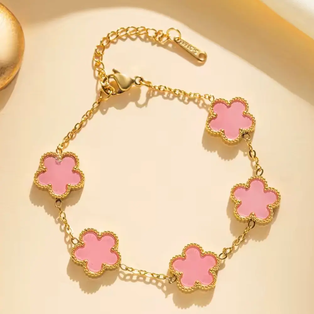 Pink Five Leaf Flower Gold Stainless Steel Bracelet Unique Design Jewelry Item with Delicate Floral Motif for Women Elegant and Versatile