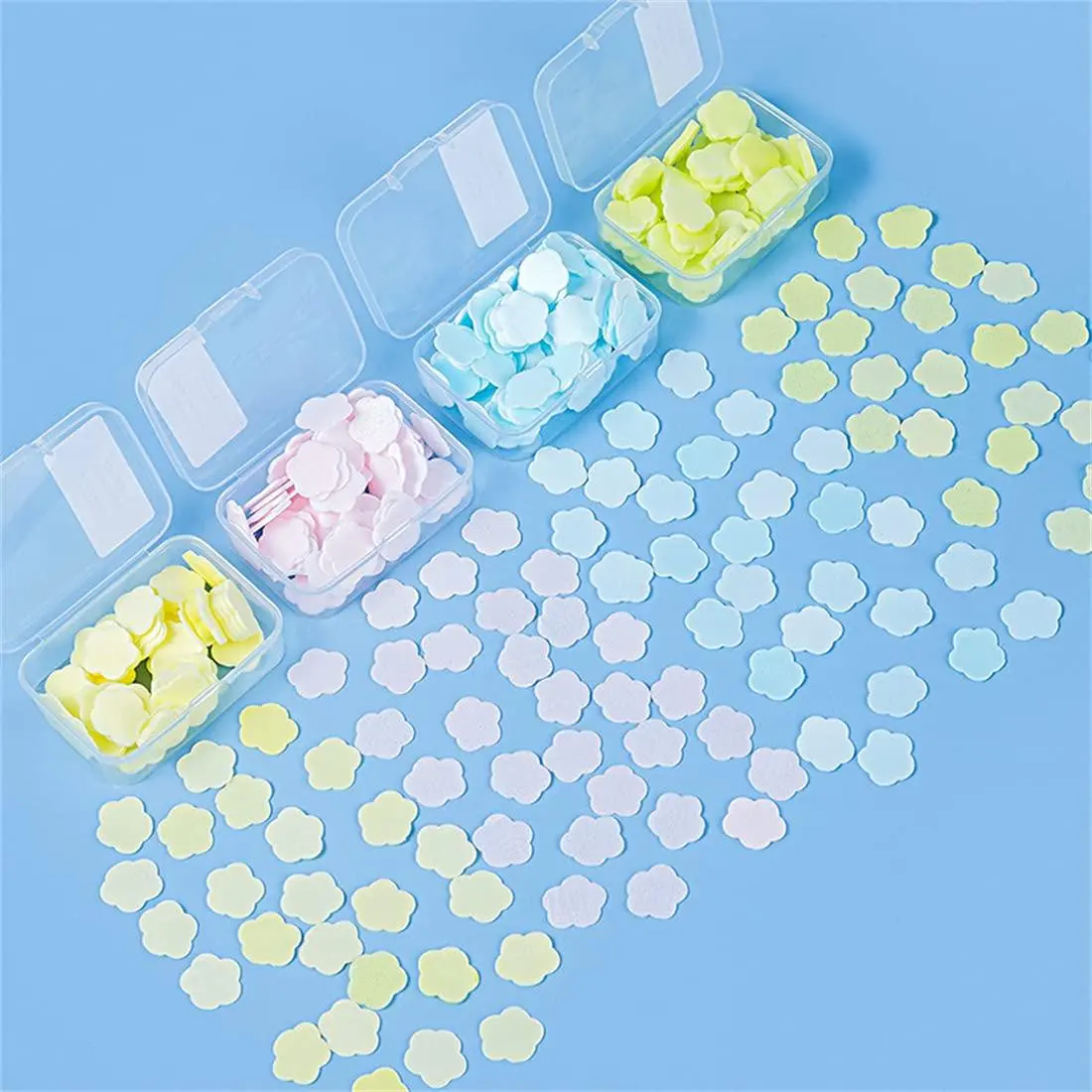 4 Different Scented Mini Fresh Portable Disposable Petal Hand Wash Sheets, Dissolvable Hand Bath Soap, Suitable for Children and Adults, Outdoor, Travel, Camping, 4 Boxes (Approx 240 Sheets)