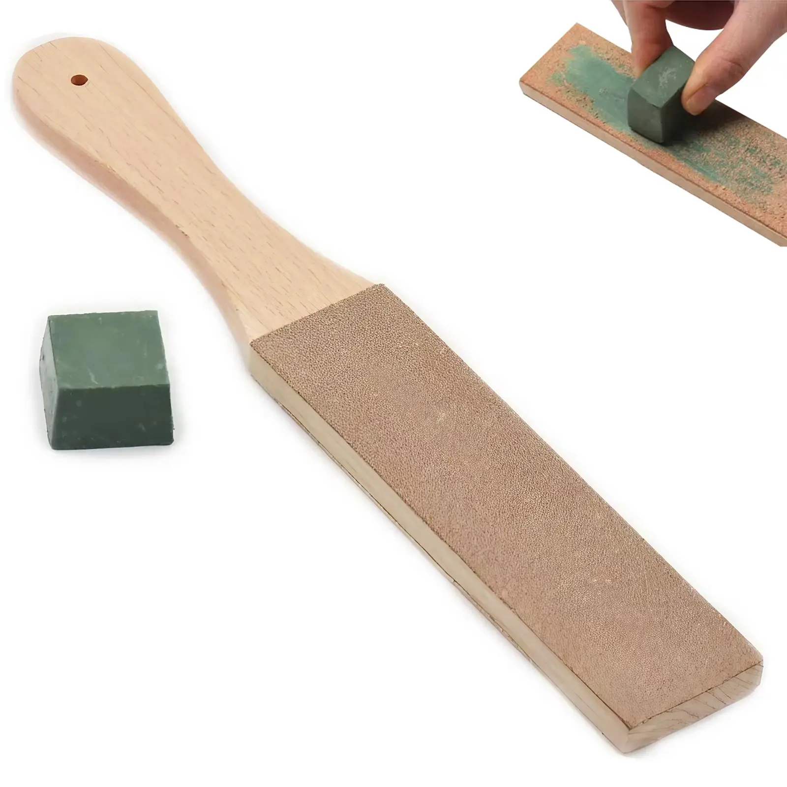 Professional Dual Sided Leather Strop Kit, Wooden Handle Razor Sharpener & Polishing Tool for Knives, Blades, Home Maintenance, Handcrafted Honing Accessory