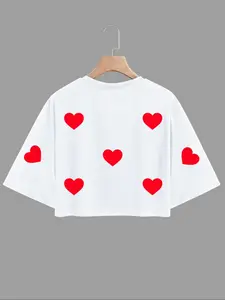 Women's Heart Print Love Drop Shoulder Crop Top, Casual Short Sleeve Round Neck T-shirt for Summer, Ladies Clothes for Daily Wear Womenswear