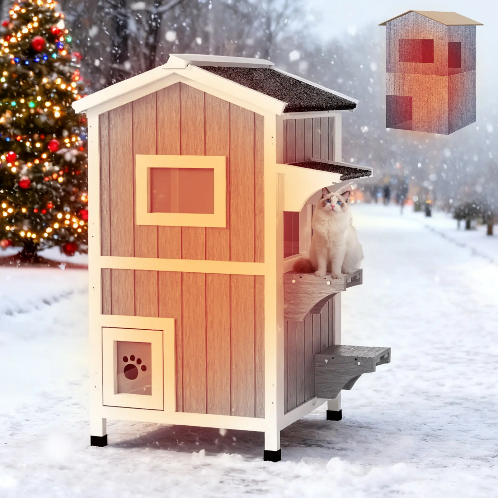 Petscosset Painted Fir Wood Double-Layer Elevated Cat House, 2-Tier Multi-Level Play Design, Thermal Insulation Interior, Claw-Friendly Fabric, All-Season Waterproof, Openable Roof, Pull-Out Floors, Indoor & Outdoor Use