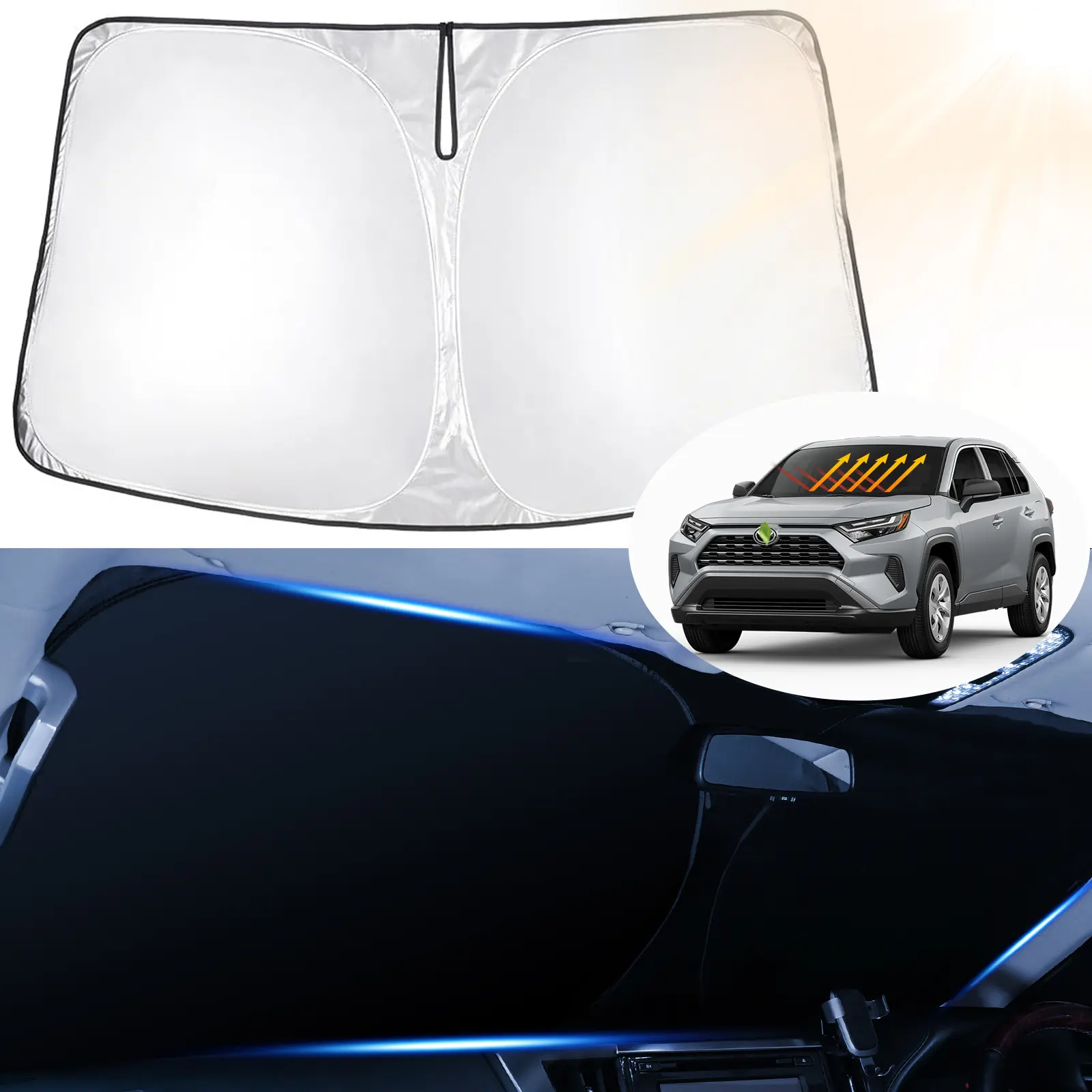 Canvcle Double Reflective Custom Fit Windshield Sunshade for Toyota RAV4 2013-2026, Sunshade for Car Outside, 5-Layer 240T Double-Thickness Reflective Polyester, UV Protective, Foldable, Energy-Saving Windscreen Shade Cover, Silver Black