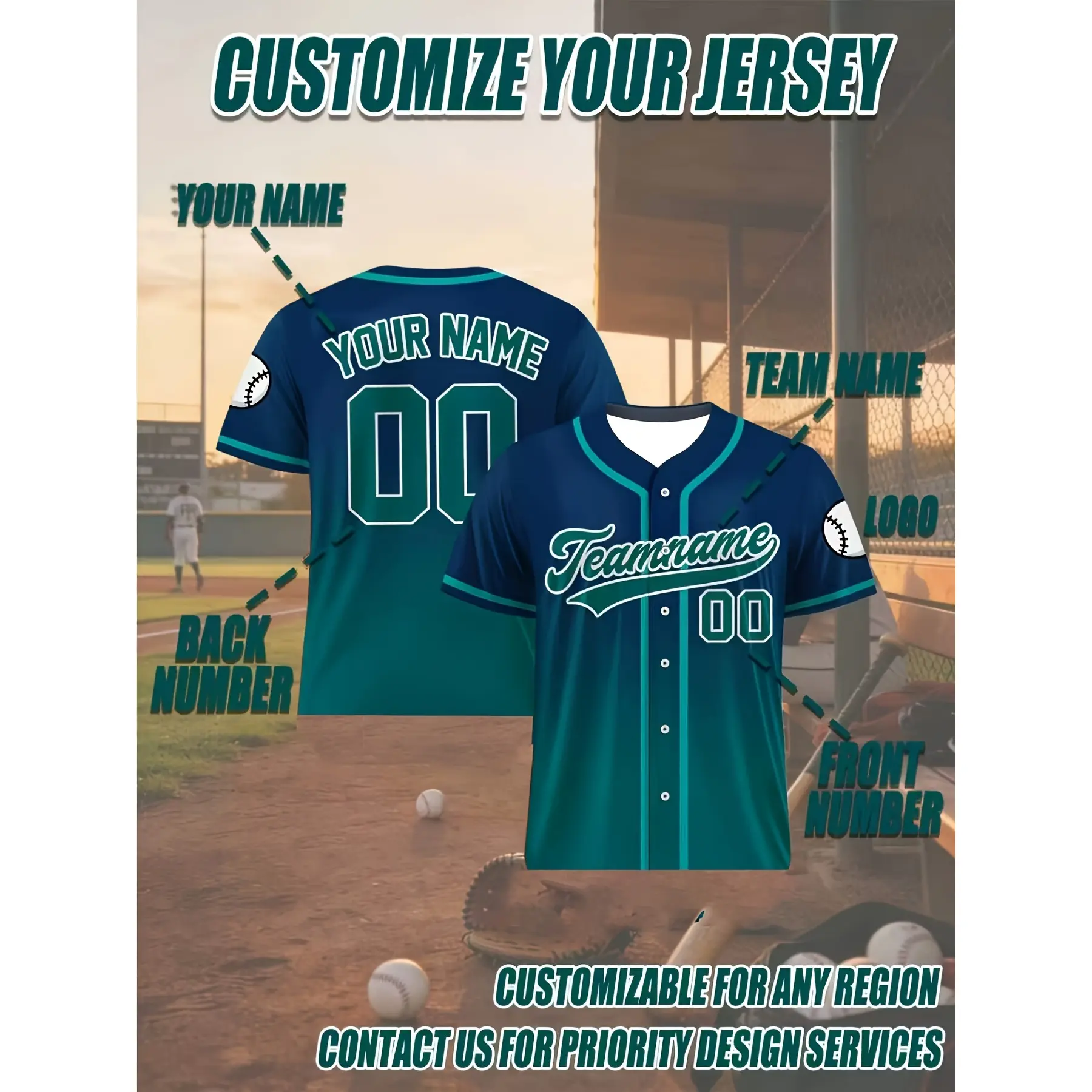 [S-4XL] Customizable men's gradient baseball jerseys, personalized with team name, number, and logo, ideal as a baseball jersey gift for friends and family on Easter, suitable for men's team uniforms in spring, summer, and autumn, for daily training