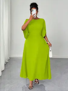 Plus Size Elegant Ruffle Woven 3/4 Sleeve Bodycon Asymmetrical Flare Dress, Perfect for Dates & Parties, Womenswear