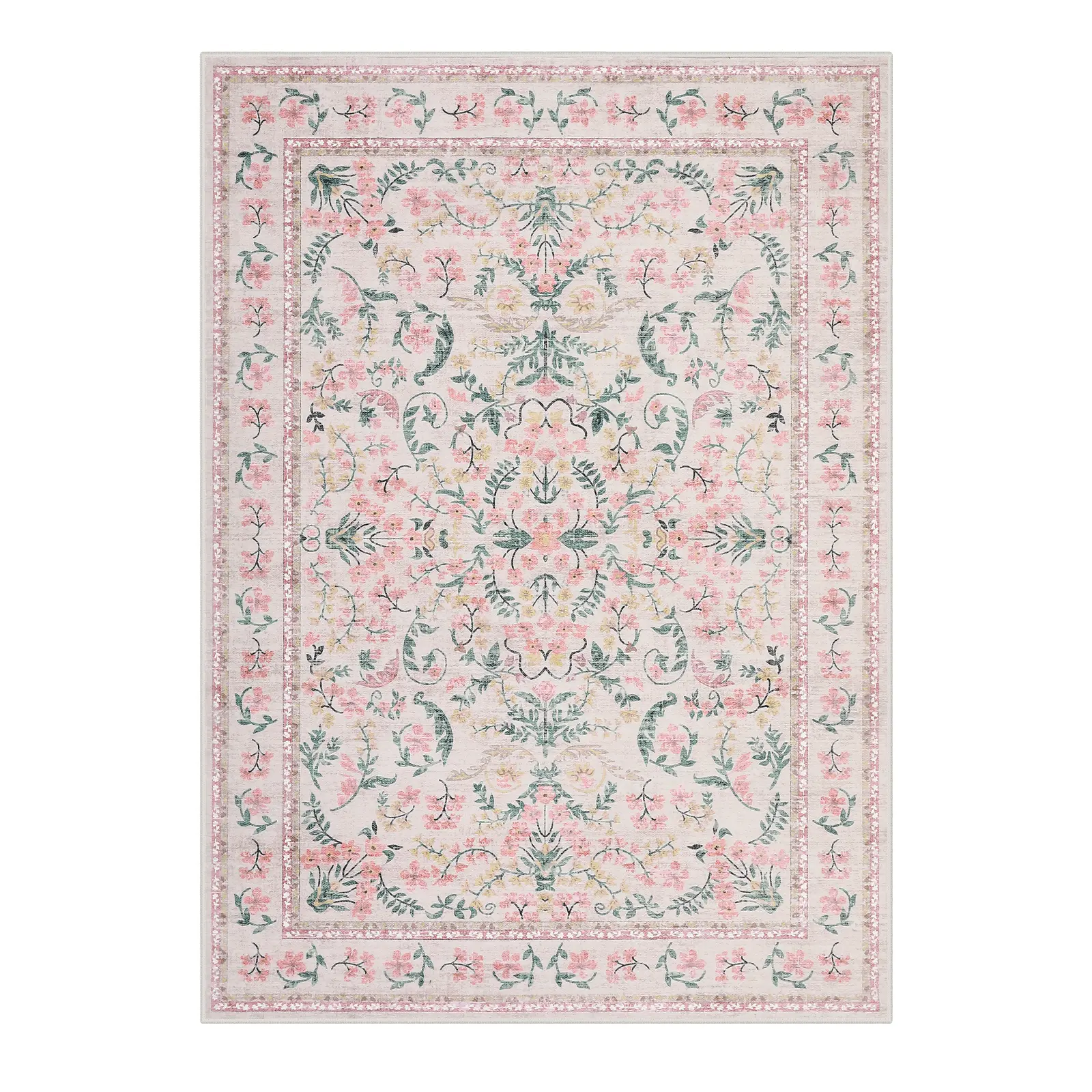 Washable Rug, Area Carpet for Living Room Non Slip, Low Pile Area Carpet with TPR Backing, Soft Floral Carpet for Bedroom Dining Room Nursery, Kids & Pet Friendly Indoor Floor Mat, Green