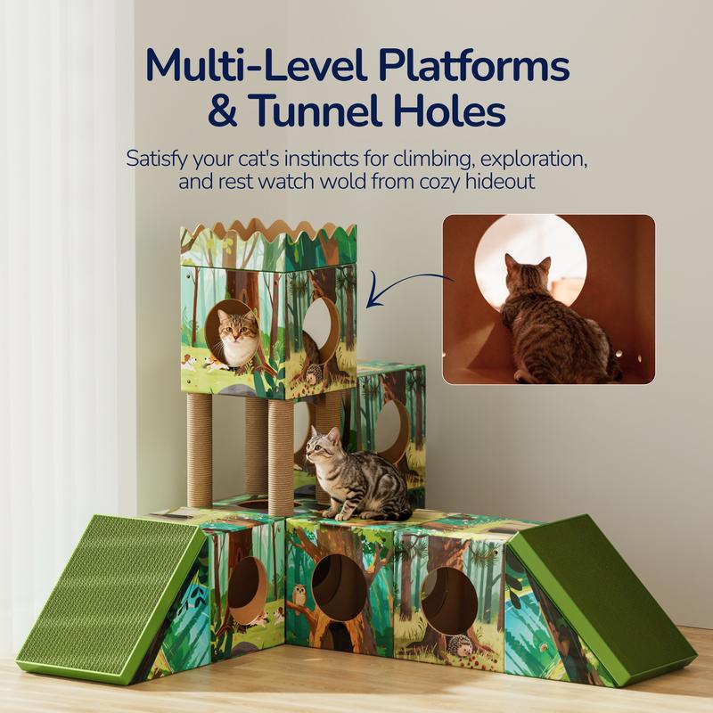 PalNests Cardboard Cat Tree 3-in-1 Multi-Level Tower with Scratching Posts & Tunnel for Kittens & Medium Cats DIY Recyclable