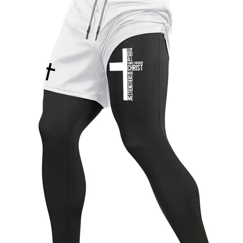 Men's Cross Letter Print 2 in 1 Compression Pants, Athletic Bottoms, High Compression Fit, Spring & Fall Gym Workout Fitness Tights Stretchy Workout Leggings with Phone Pocket, Zipper Pocket, Athletic Running Quick Dry Baselayer Activewear for Fitness