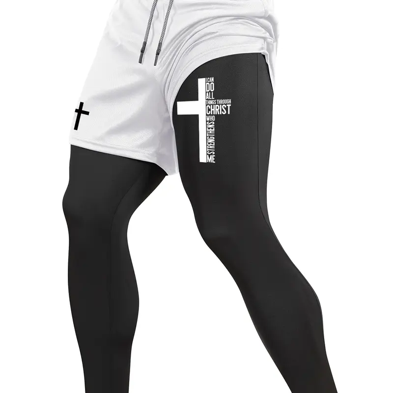 Men's Cross Letter Print 2 in 1 Compression Pants, Athletic Bottoms, High Compression Fit, Spring & Fall Gym Workout Fitness Tights Stretchy Workout Leggings with Phone Pocket, Zipper Pocket, Athletic Running Quick Dry Baselayer Activewear for Fitness