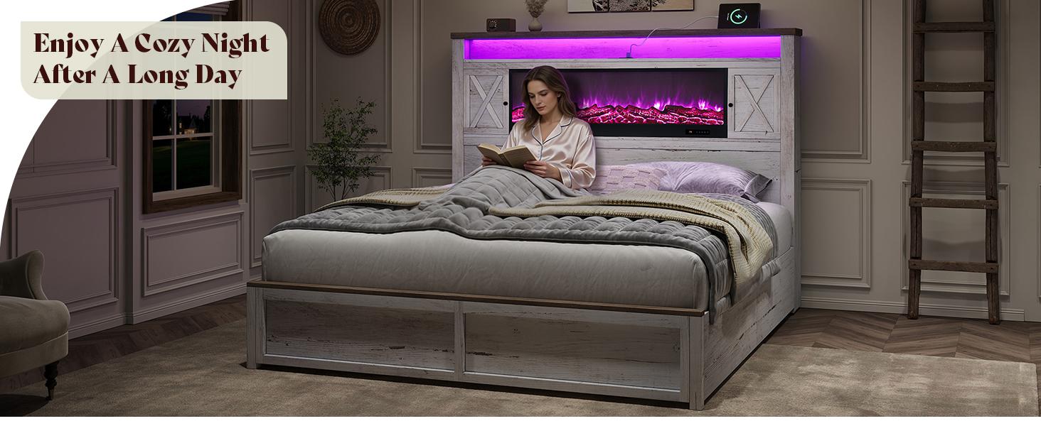 [Ships in 2 Boxes] VanAcc Bed Frame with Fireplace, Farmhouse Storage Platform Bed with 57" Headboard, Barn Door Cabinets, 4 Drawers & 2 Bedside Racks, RGB LED & Charging Station