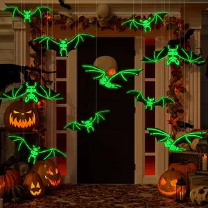 1PCS Halloween Hanging Bats Decorations, Large Plastic Flying Bats with Realistic Scary Glowing Skeleton Bats for Halloween Outdoor Tree Porch Yard Lawn Indoor Decor, Black