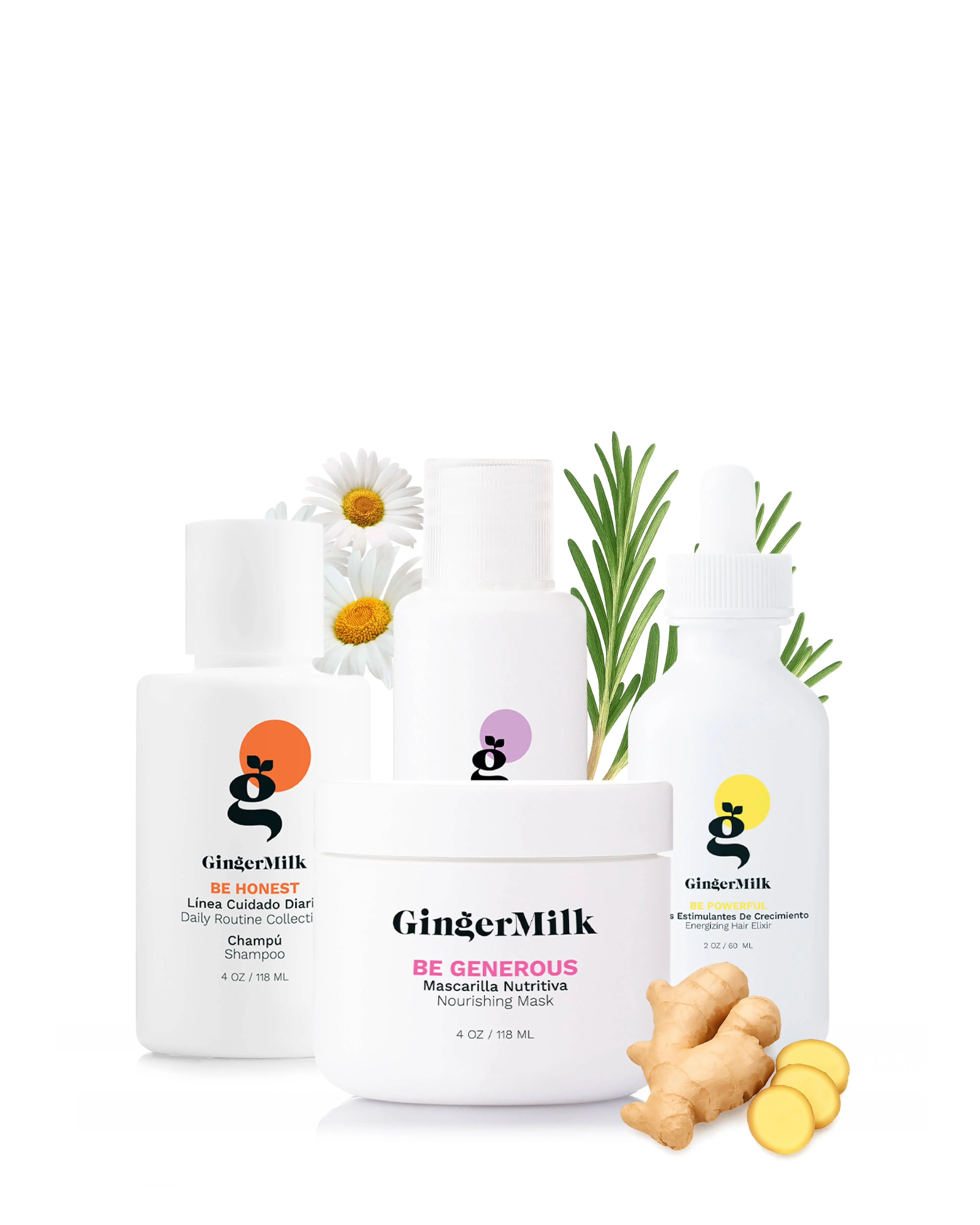 Travel Size Scalp Strengthening Kit | Be Honest Shampoo 4 oz + Be Generous Mask 4 oz + Be Wise Heat Protector 2 oz + Be Powerful Dropper 1 oz | Fortifying Care for Weak, Fine & Thinning-Looking Hair | Ginger Milk