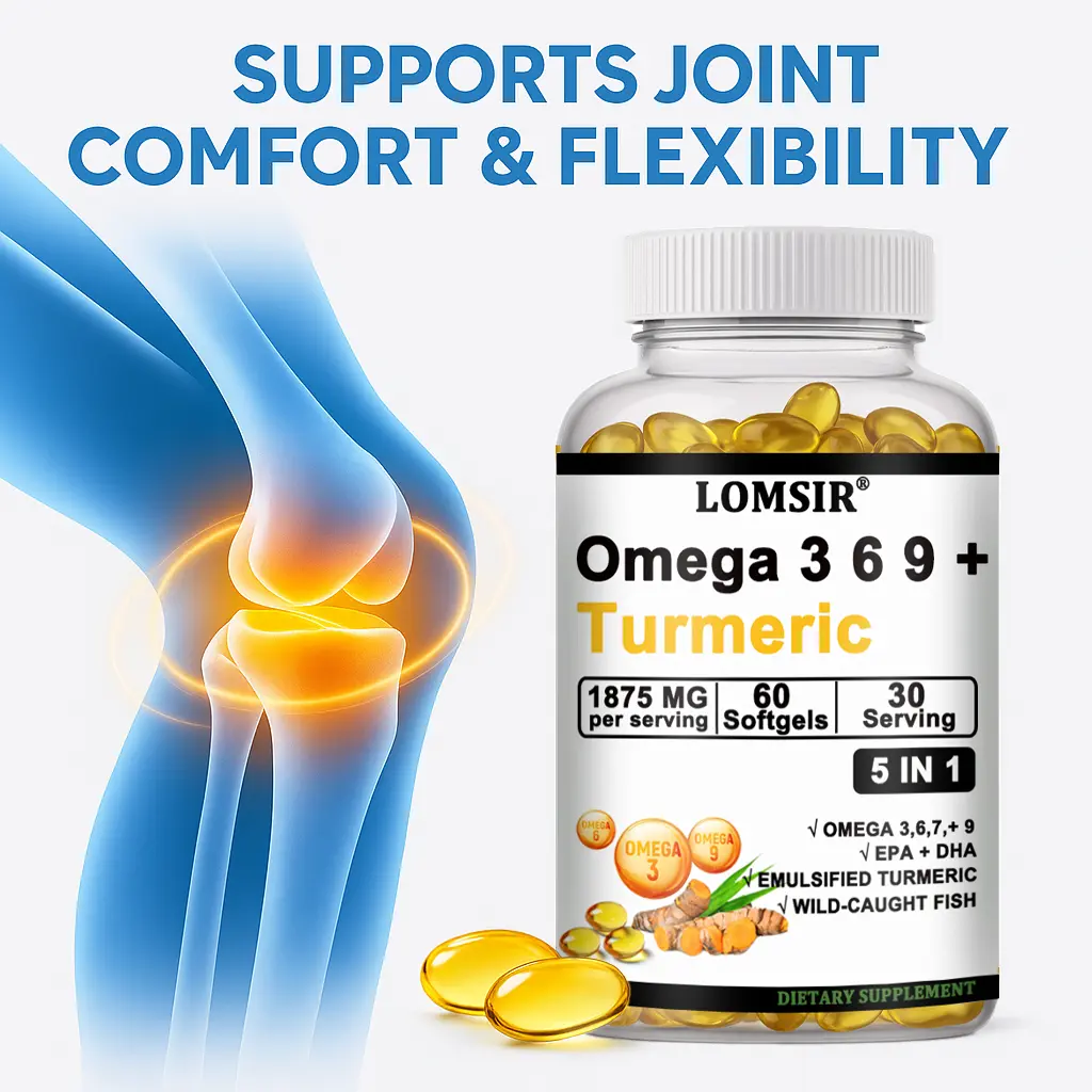Triple Omega 3 6 9 Supplement Plus Turmeric Curcumin, DHA & EPA, Fish Oil Supplements for Brain & Heart Health Support, Advanced Absorption, 60 Softgels