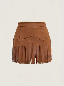Women's Vintage Hippie Rivet Fringe Faux Leather A-Line Skirt, Retro Style, Casual Fashion, All Seasons Wear