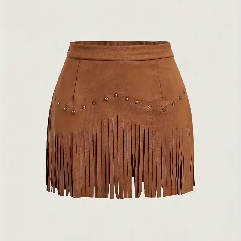 Women's Vintage Hippie Rivet Fringe Imitation Faux Leather A-Line Fitted Short Skirt, Bottom, Woven, Retro Style, Casual Fashion, All Seasons Wear, Trendy Flirty Skirt