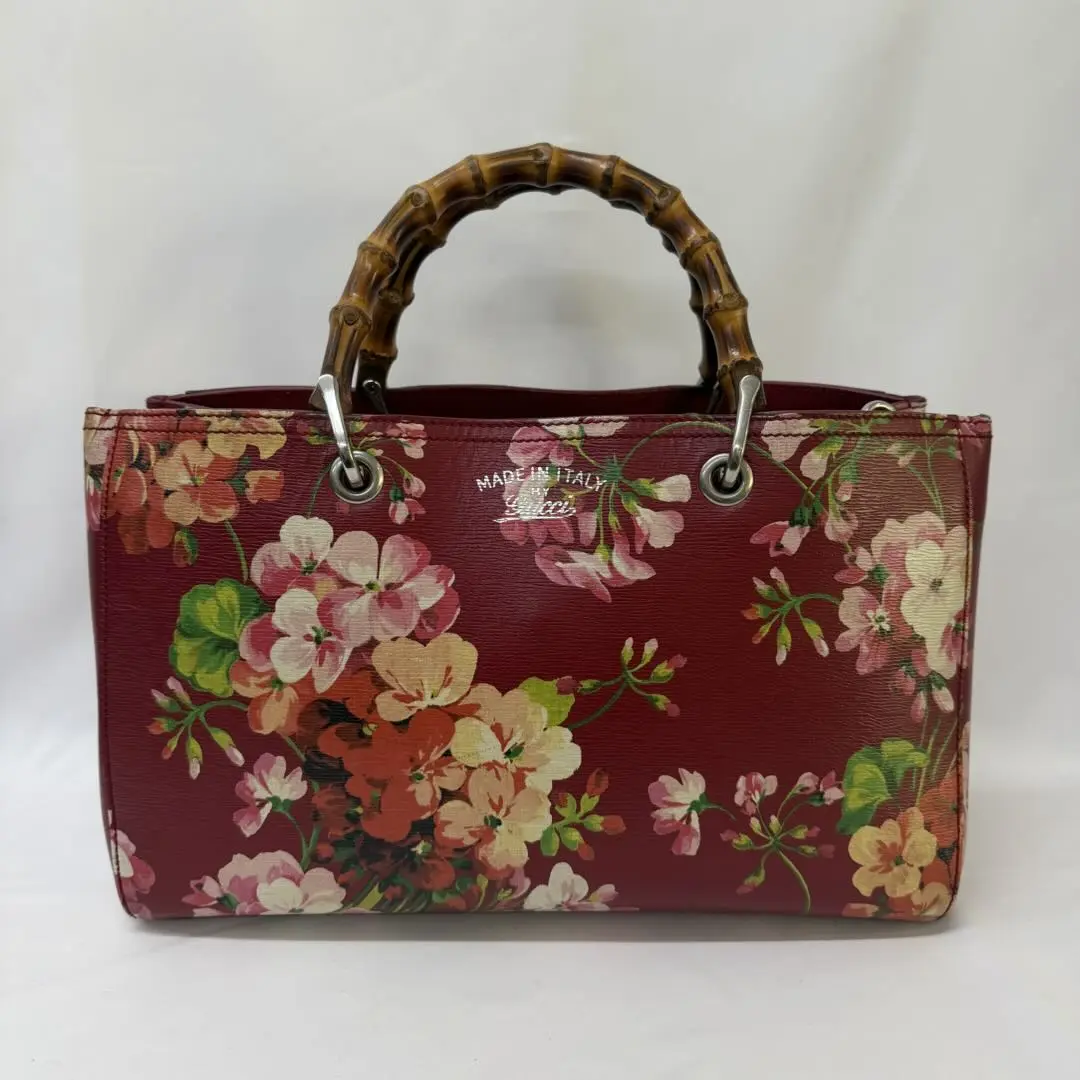 Pre-owned GUCCI Bamboo Shopper Tote Bag in Red Leather with Geranium Floral Print