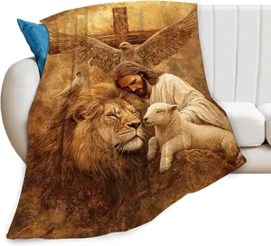 Jesus Blanket Lion Lamb Throws Christian Cross Print Plush Fuzzy Fleece Blankets Gifts for Girls Boys Women Soft Comfortable Warm Cozy God Eagle Stuff for Men Women Couch Bed Sofa Decor