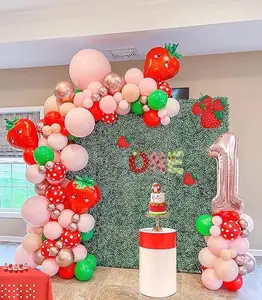 Strawberry Balloon Garland kit, Red Pink Green Berry first Party Decorations for 1st Birthday Party Decor Supplies